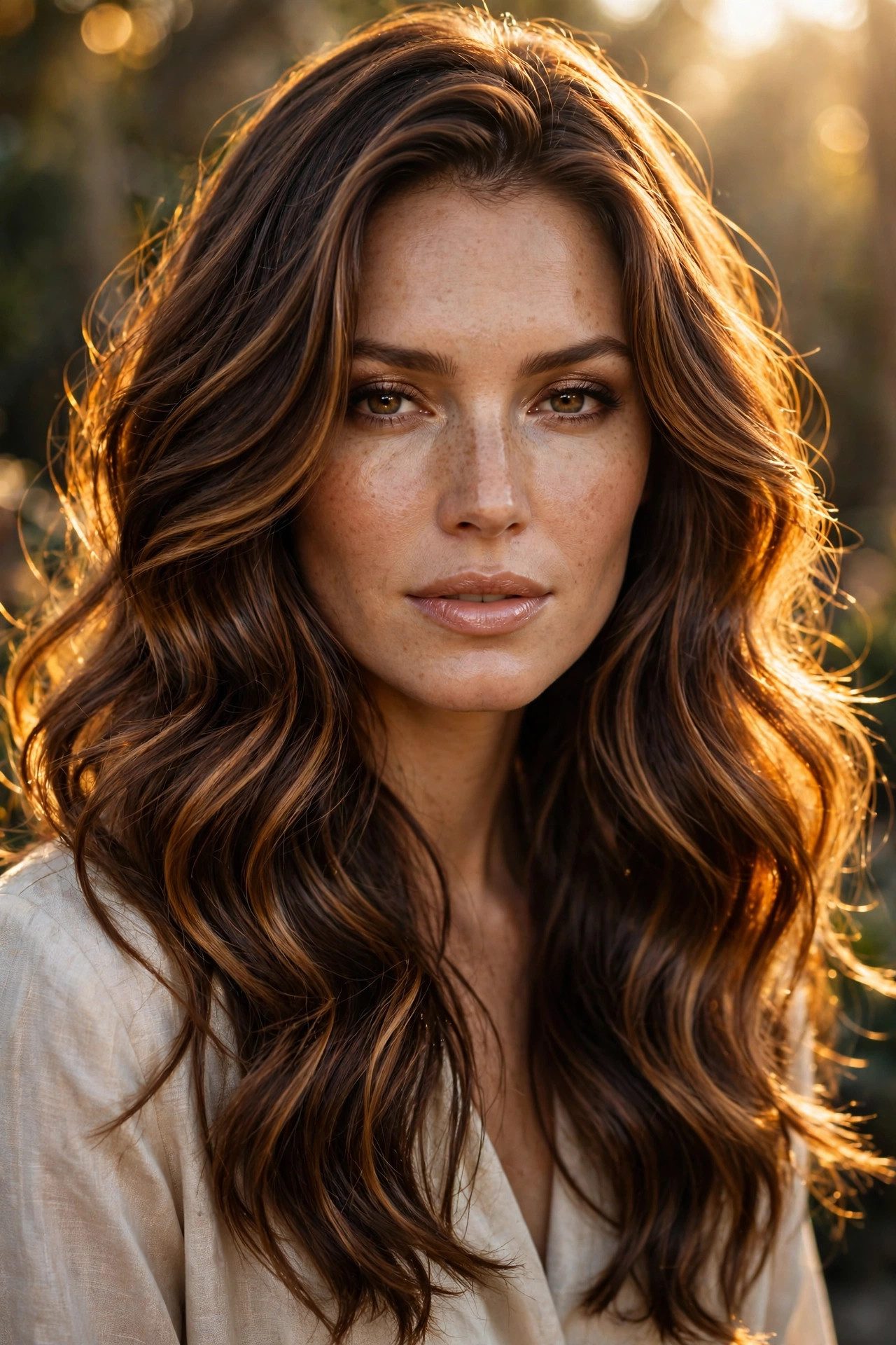 Amber brunette hair color, warm golden brown hair with glowing dimension