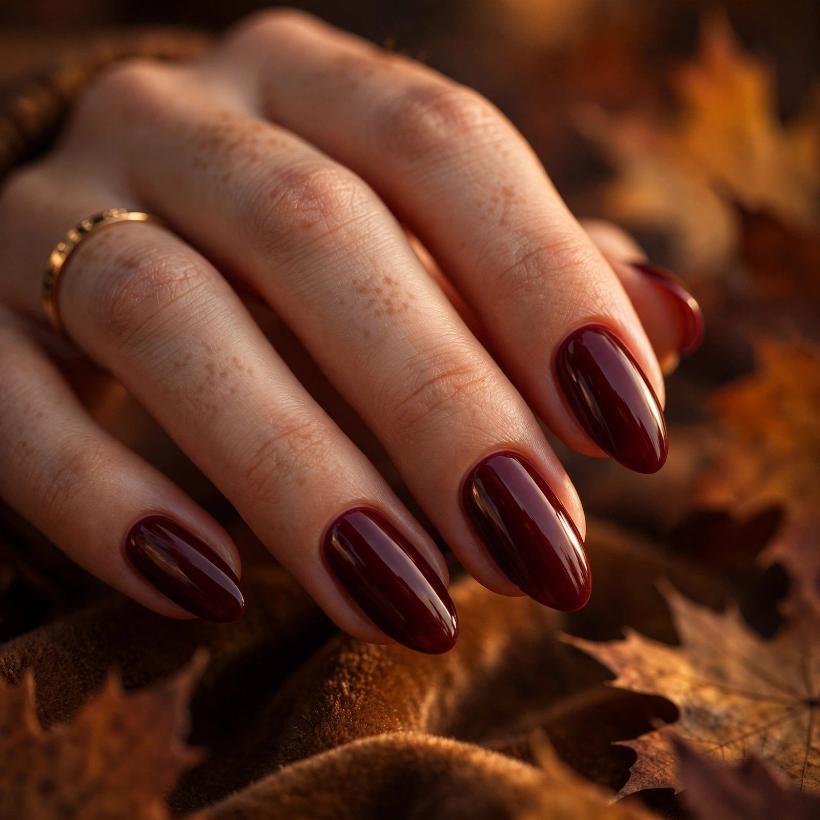 Elegant burgundy nails in an almond shape with high-gloss finish