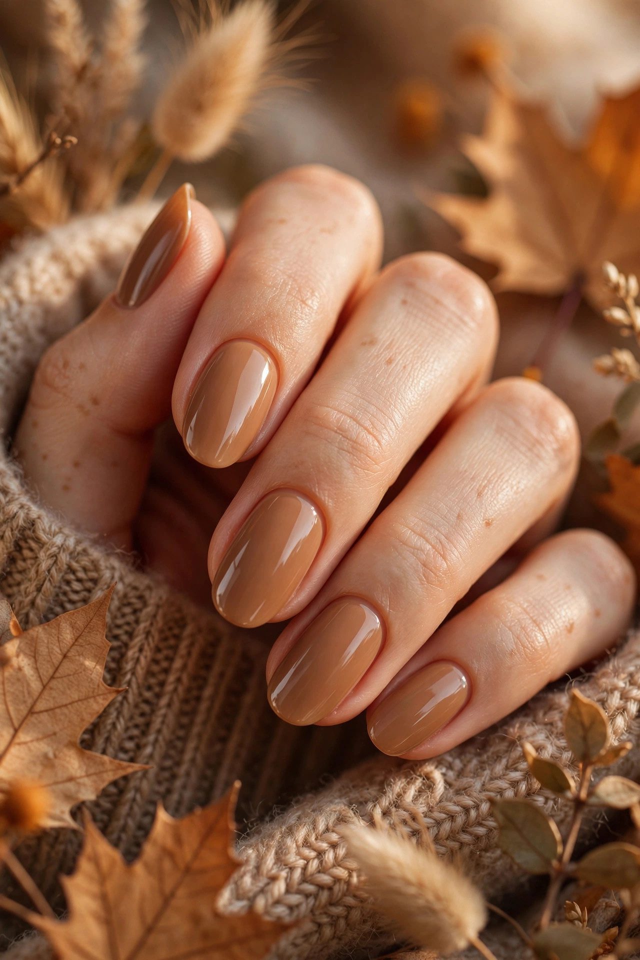 Caramel nude nails in warm beige-brown cafe-inspired manicure shades