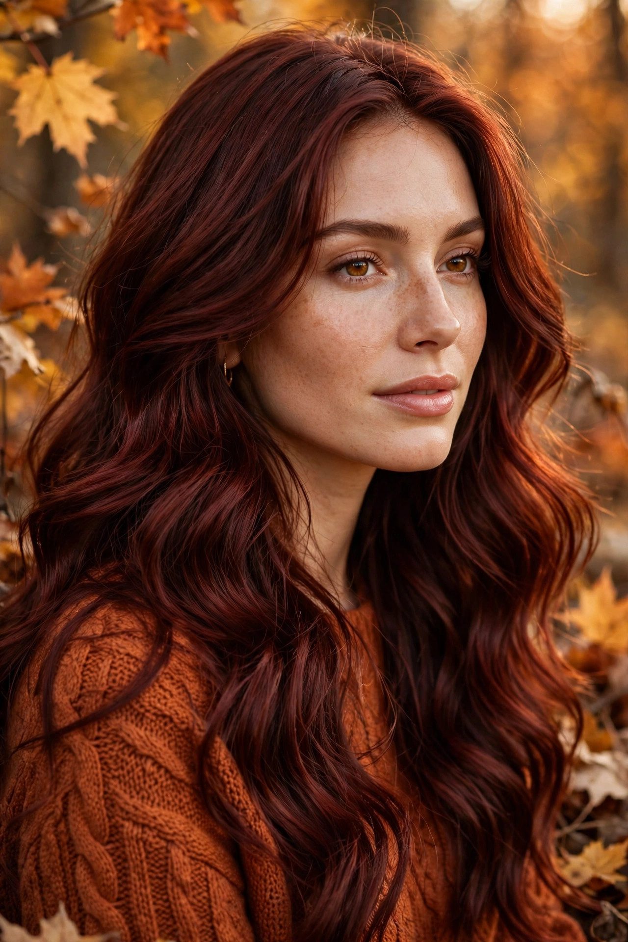 Cherry-cola brunette hair color with deep red-brown cherry tones in soft waves