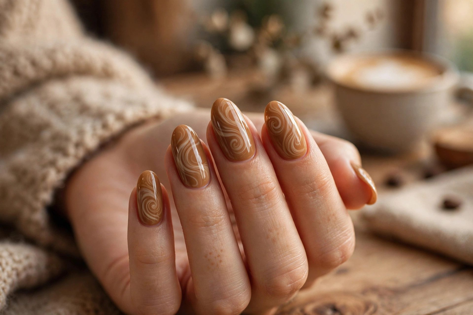 Creamy coffee-brown latte lacquer manicure on almond-shaped nails