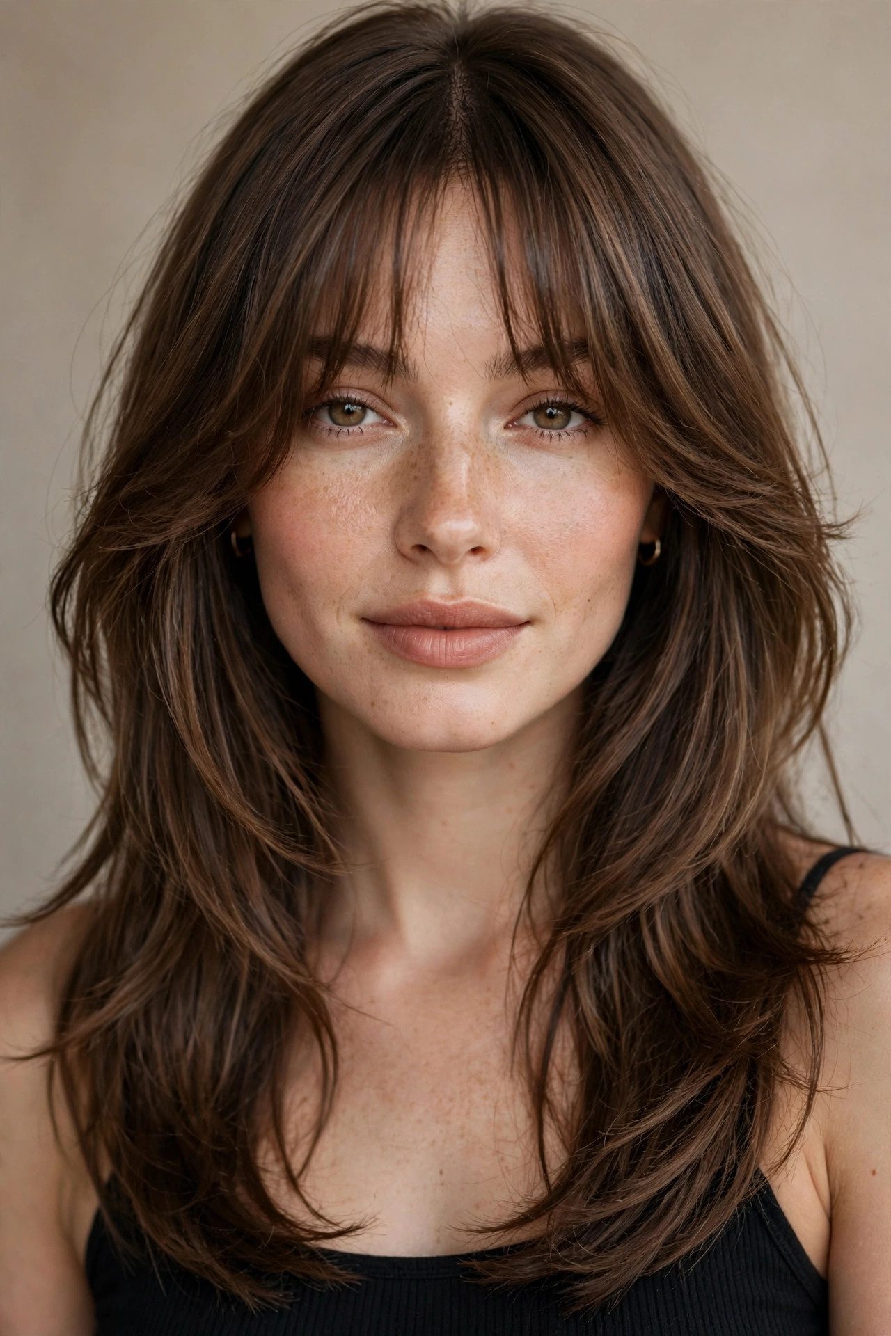 Woman with curtain bangs, soft face-framing fringe hairstyle