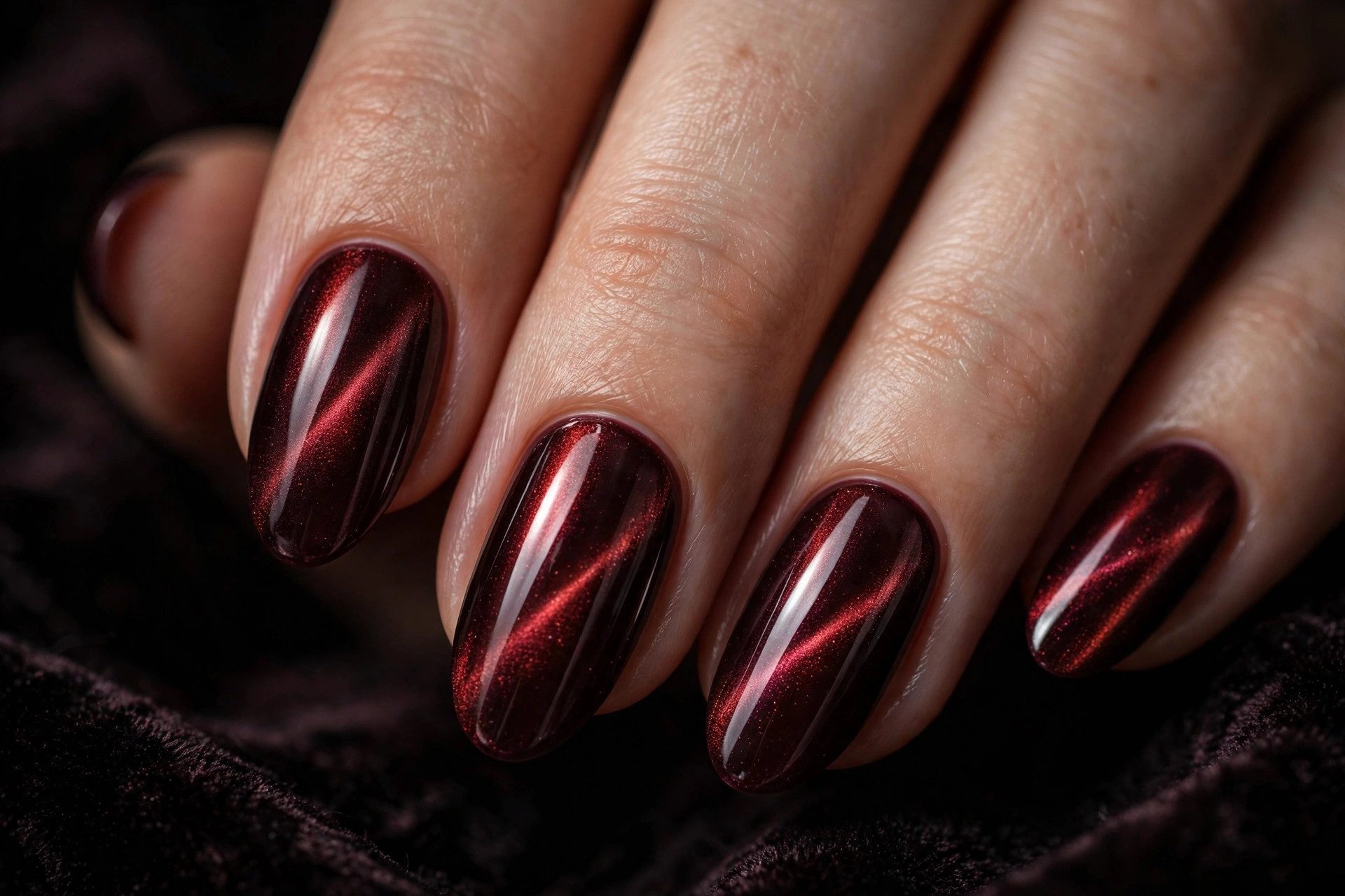 Dark red cat-eye nails with deep red magnetic shimmer nail art