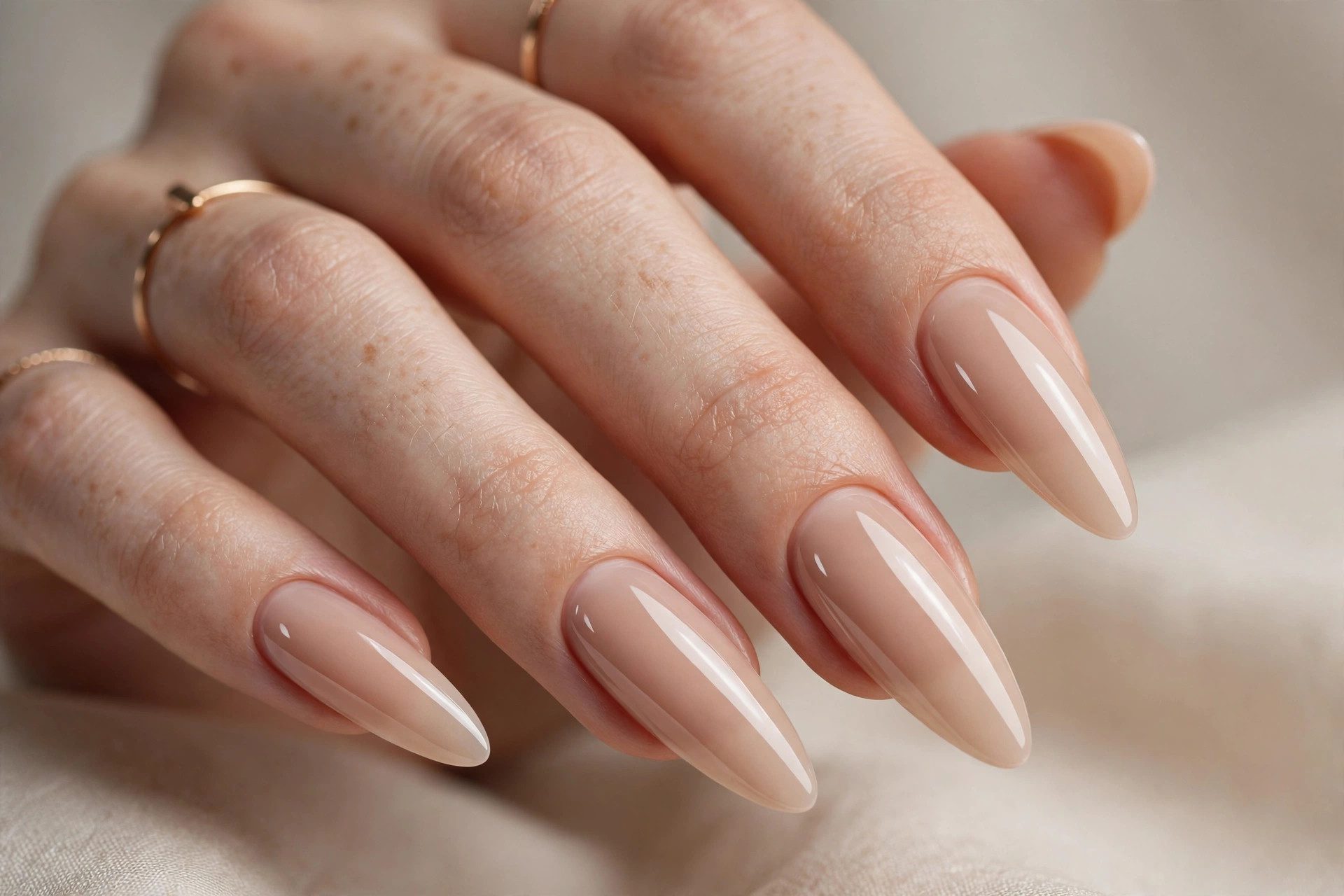Long almond-shaped Gel-X nail extensions with a glossy nude finish