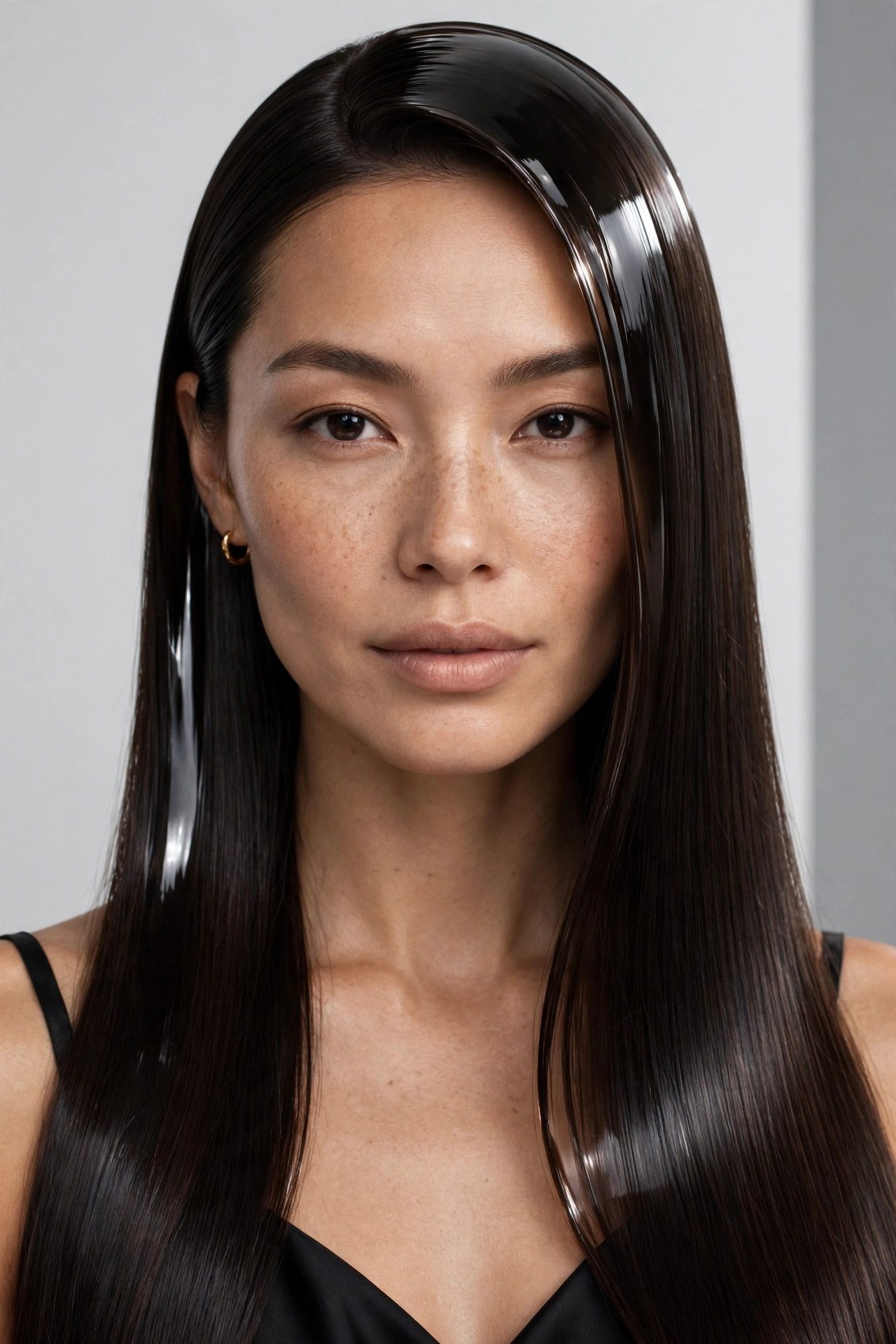 Glass hair, ultra sleek straight shiny hair with mirror-like reflection