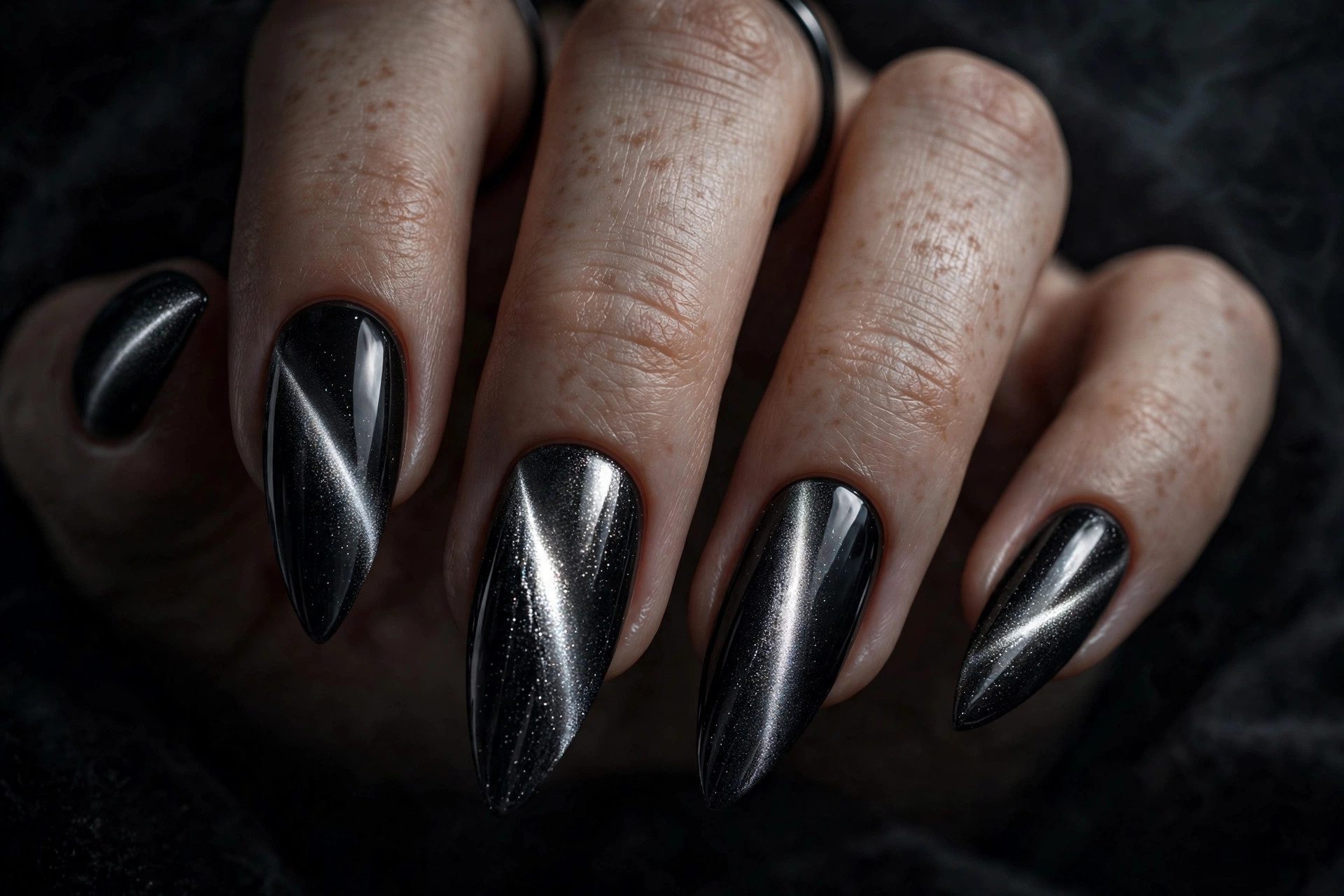 Dark goth cat-eye nail art with magnetic shimmer on black almond nails