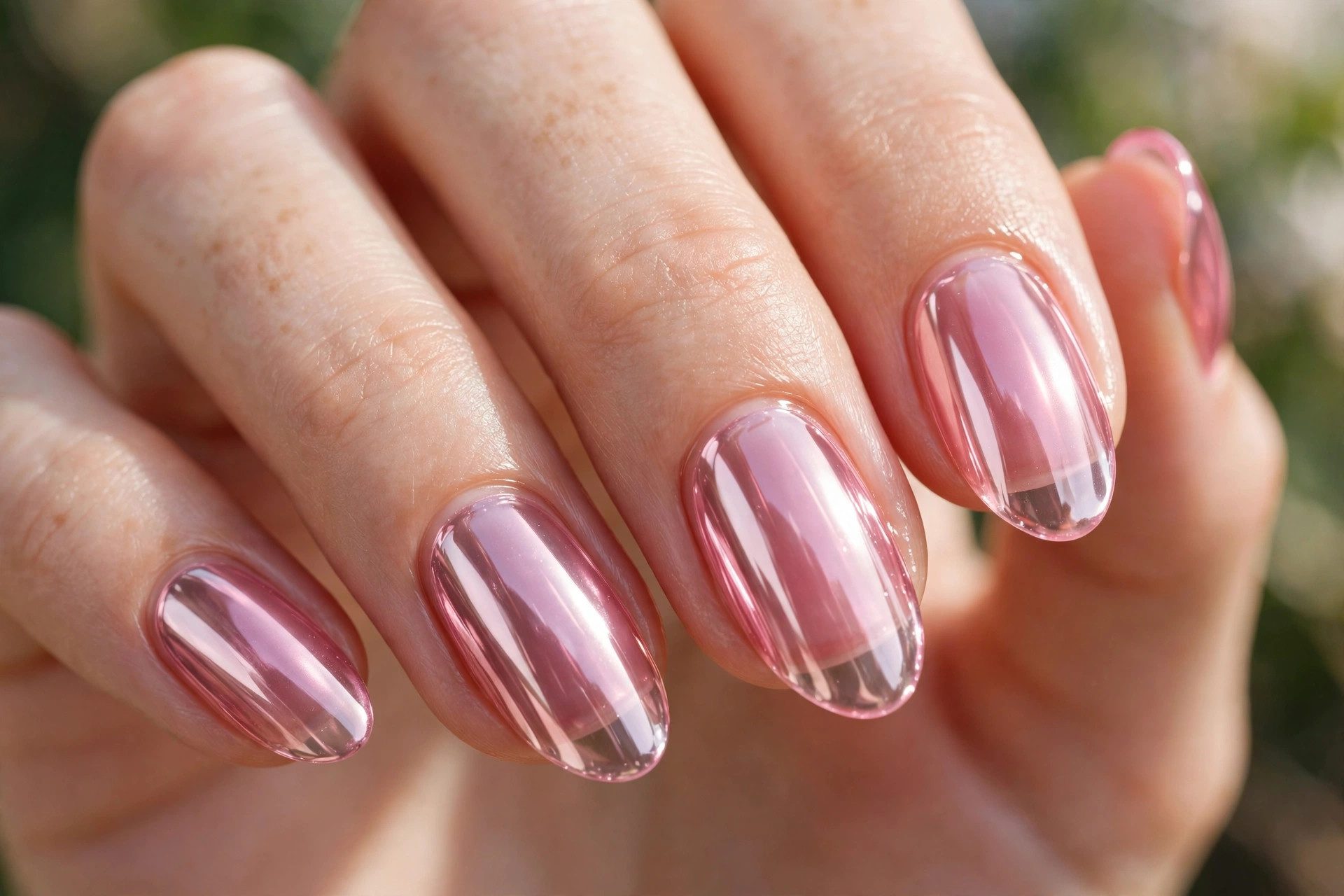 Jelly pink chrome nails with sheer pink glassy manicure and chrome finish