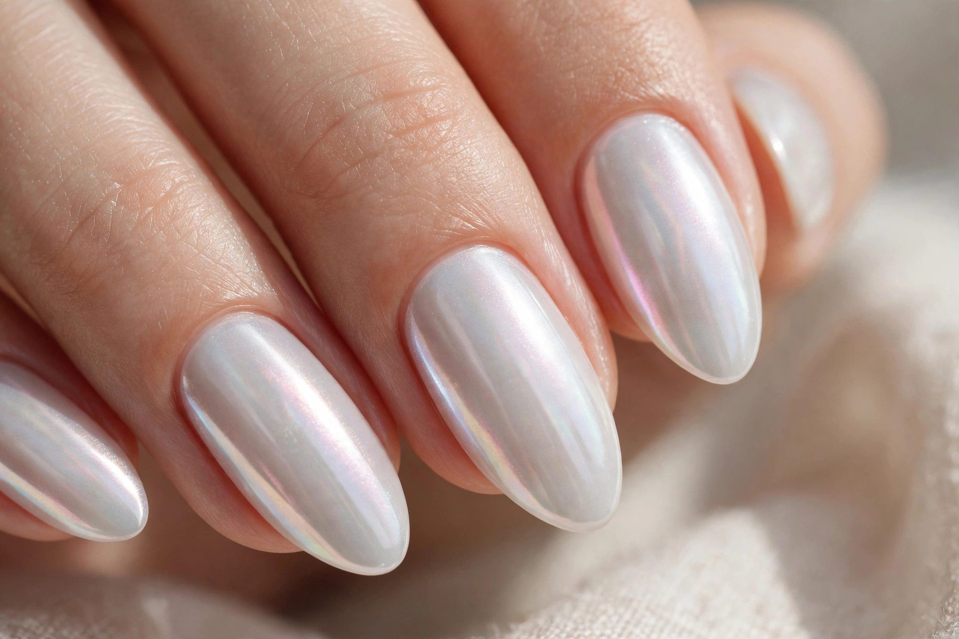 Milky white chrome almond nails with soft pearlescent clean-girl manicure