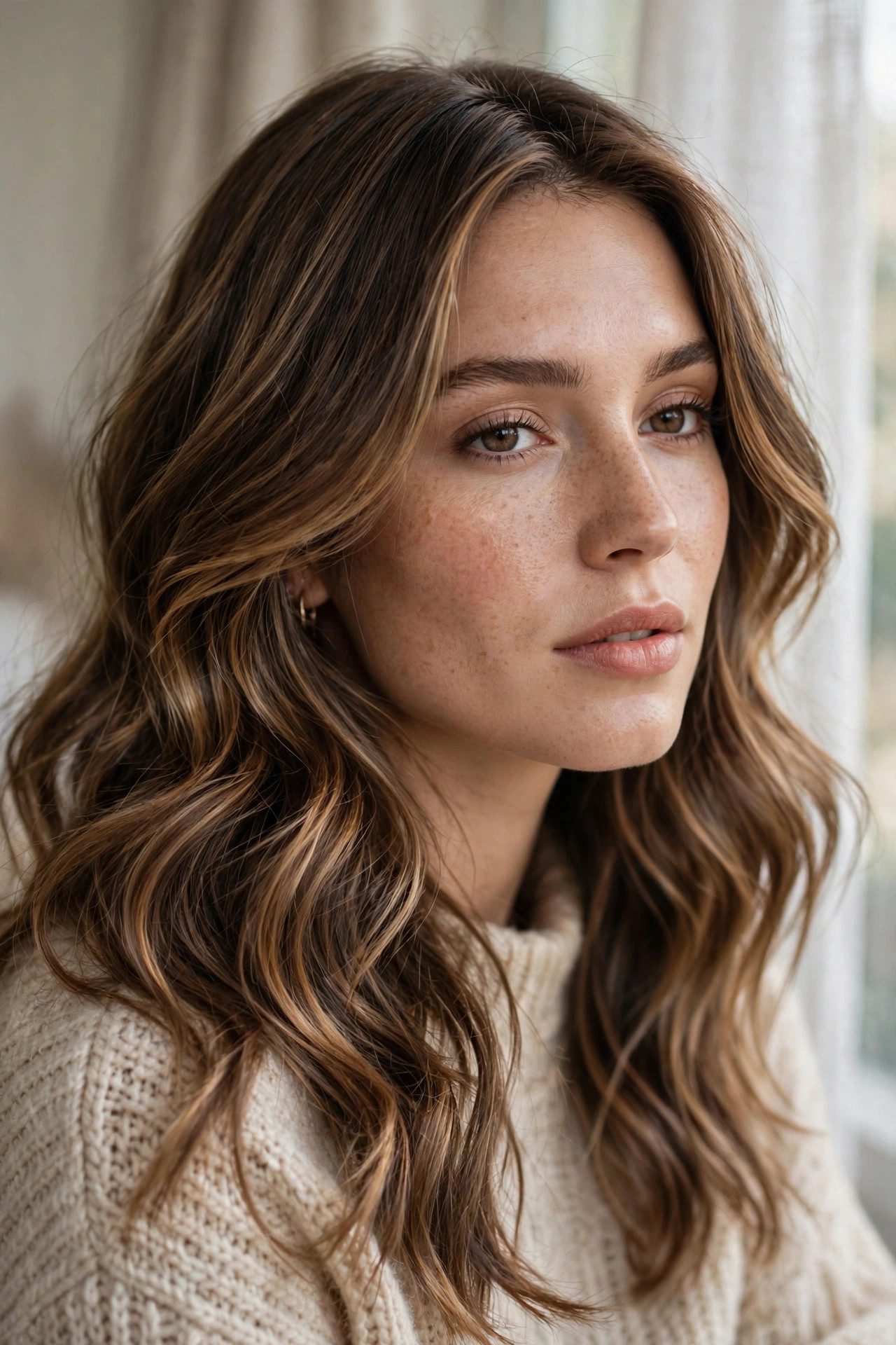 Mocha balayage hair with soft caramel dimension on long brown waves