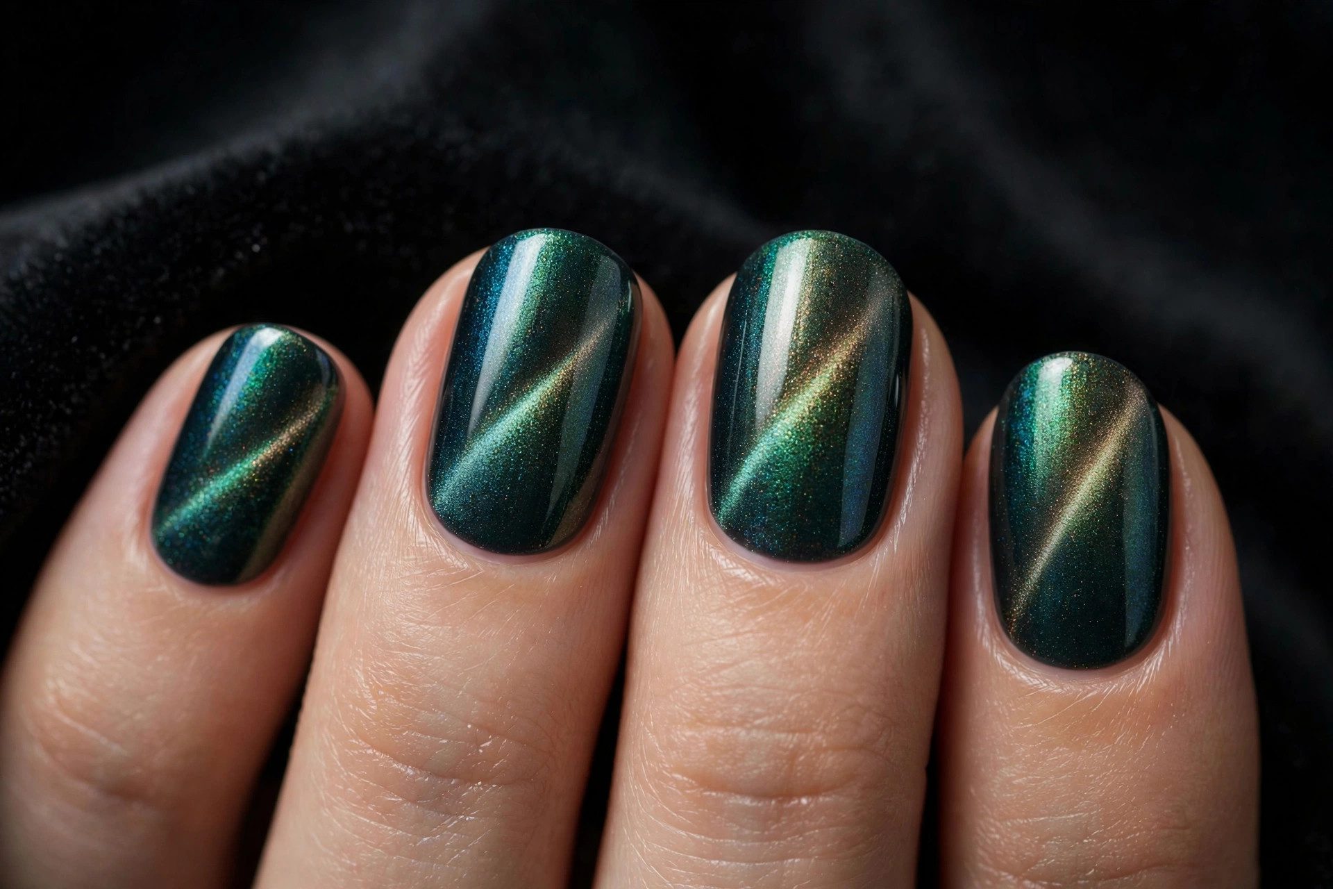 Hand with Mooncat magnetic nail polish showing a cat-eye shimmer effect