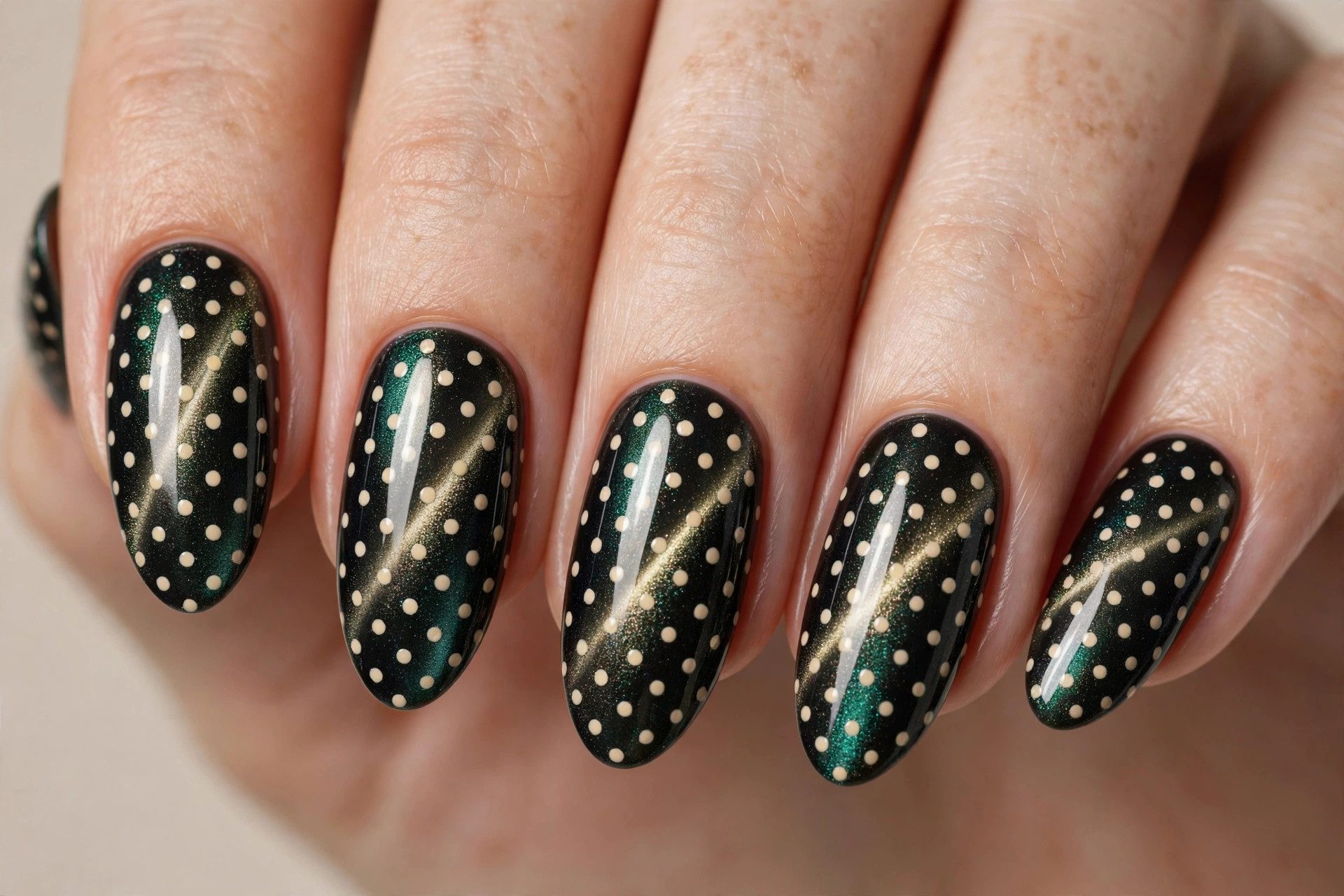 Close-up of polka-dot cat-eye nails with dotted magnetic shimmer nail art