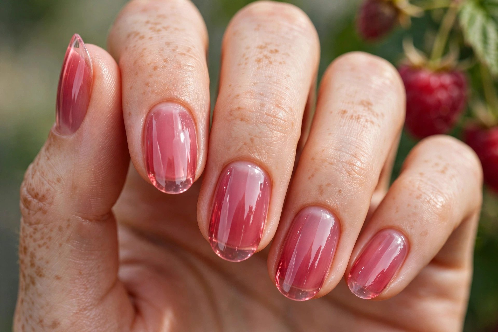 Sheer raspberry jelly nail polish manicure with glossy translucent berry finish