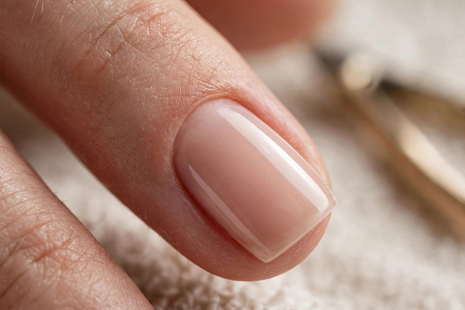 Close-up of a Russian manicure with precise cuticle work and glossy nude polish